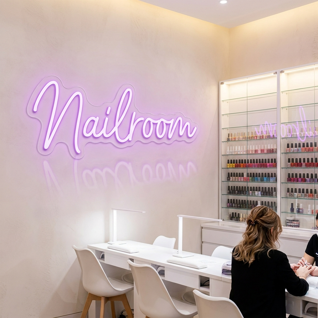 Lilafarbenes LED-Neonschild „Nailroom“ in einem Nagelstudio – Neon Atelier