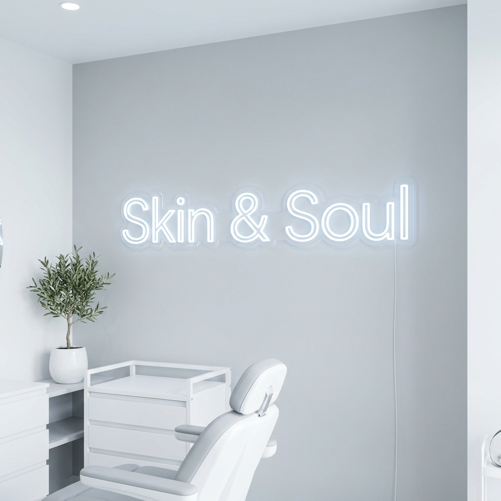 Kühlweißes LED-Neonschild „Skin & Soul“ in einer Kosmetik- und Beauty-Klinik – Neon Atelier
