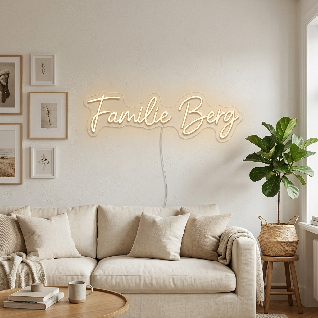 Champagnerfarbenes LED-Neonschild „Familie Berg“ über dem Sofa im Wohnzimmer – Neon Atelier