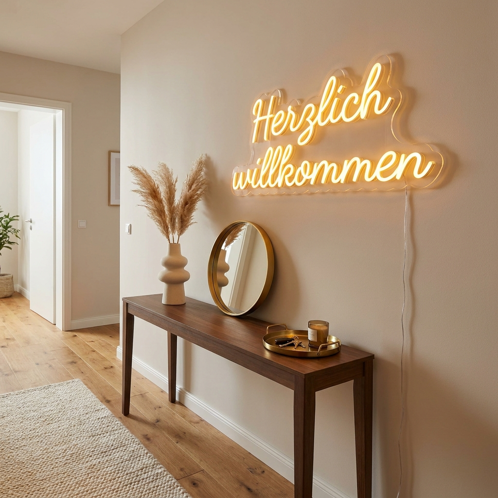 Amberfarbenes LED-Neonschild „Herzlich willkommen“ im Eingangsbereich – Neon Atelier