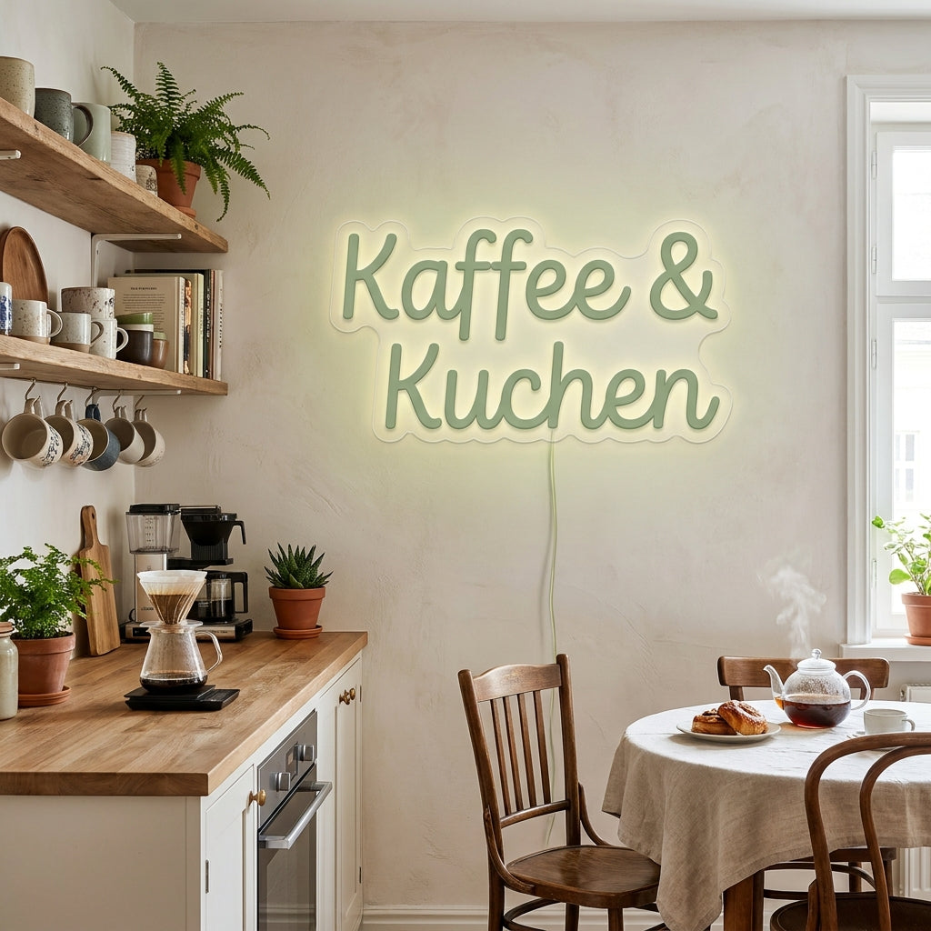 Salbeigrünes LED-Neonschild „Kaffee & Kuchen“ in einer Küchen-Ecke – Neon Atelier