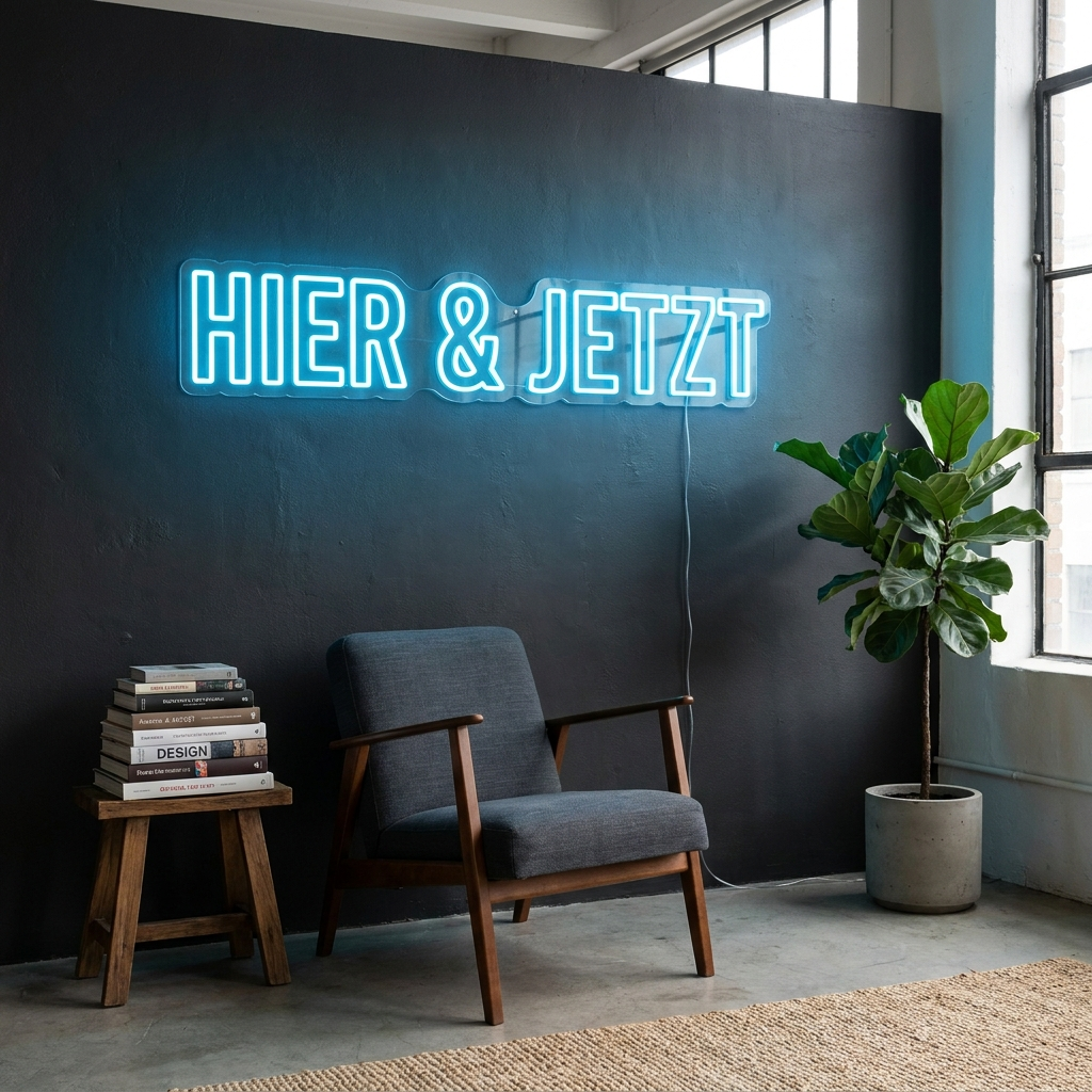 Eisblaues, fett gesetztes LED-Neonschild „HIER & JETZT“ an einer modernen Wohnzimmerwand – Neon Atelier