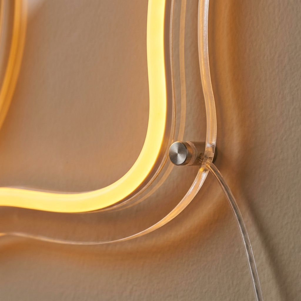 Detailaufnahme: konturgeschnittene Acrylkante, Montage und Kabel eines Wohndeko-Neonschilds – Neon Atelier