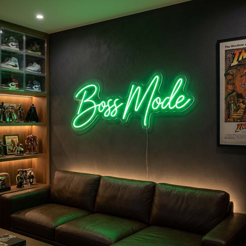 Grünes LED-Neonschild „Boss Mode“ in einem Man-Cave-Entertainmentraum – Neon Atelier