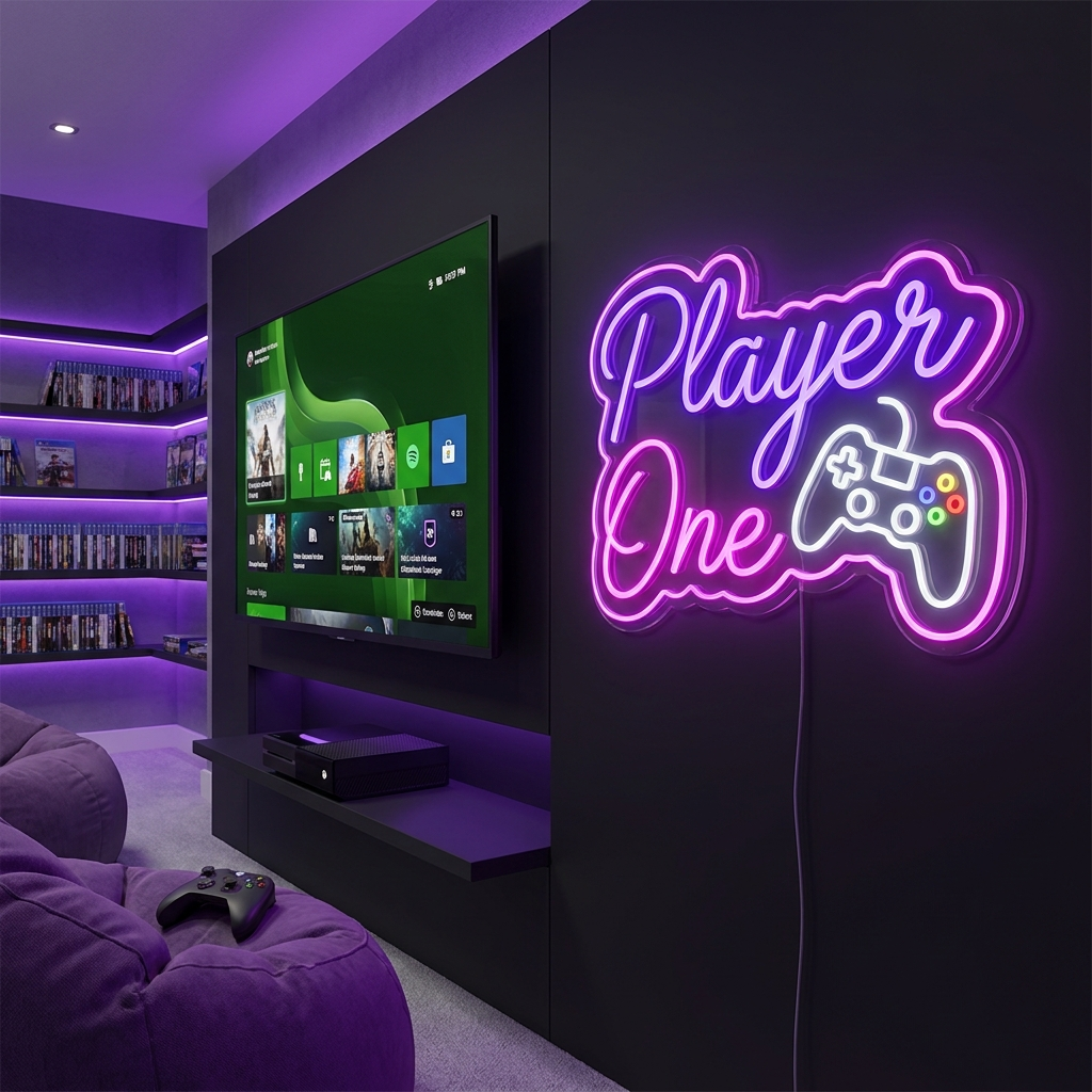 Lila-magentafarbenes LED-Neonschild „Player One“ mit Controller-Symbol an einer TV-Wand – Neon Atelier