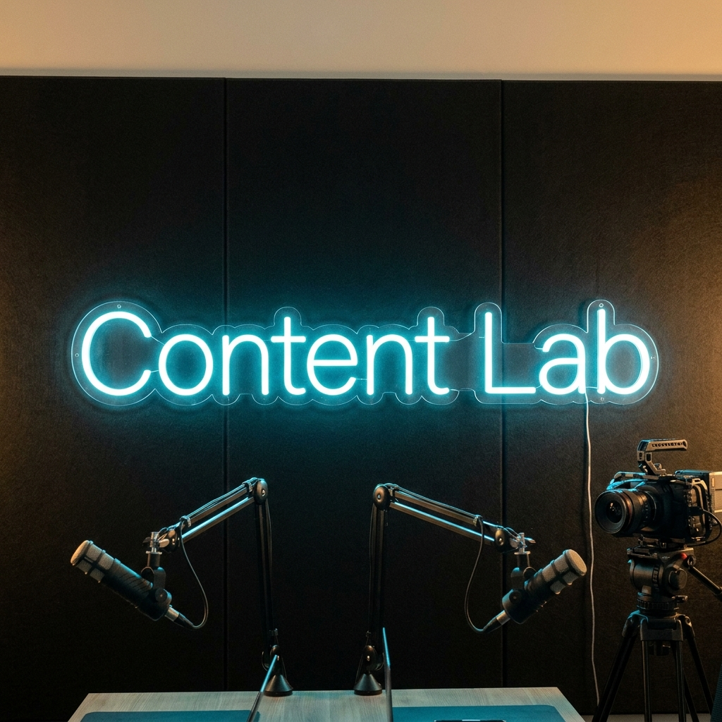Cyan-weißes LED-Neon-Logo „Content Lab“ in einem Podcast- und Content-Studio – Neon Atelier