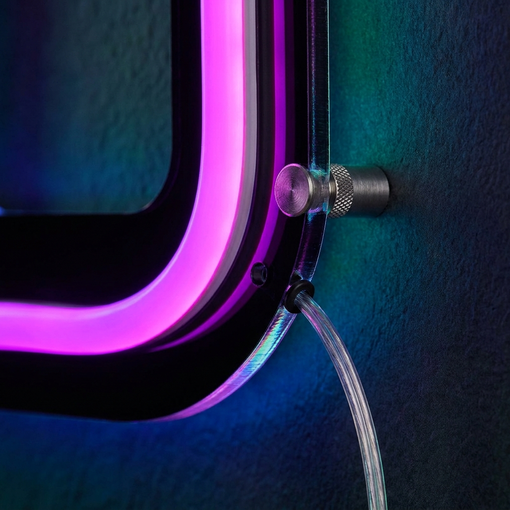 Detailaufnahme: schwarze konturgeschnittene Acrylkante, Standoff und Kabel eines Gaming-Neonschilds – Neon Atelier