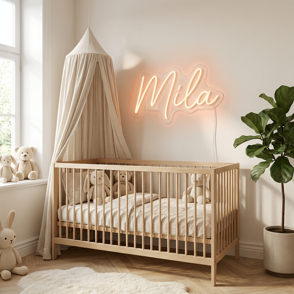 Pfirsichfarbenes LED-Neon-Namensschild „Mila“ über dem Babybett im Kinderzimmer – Neon Atelier