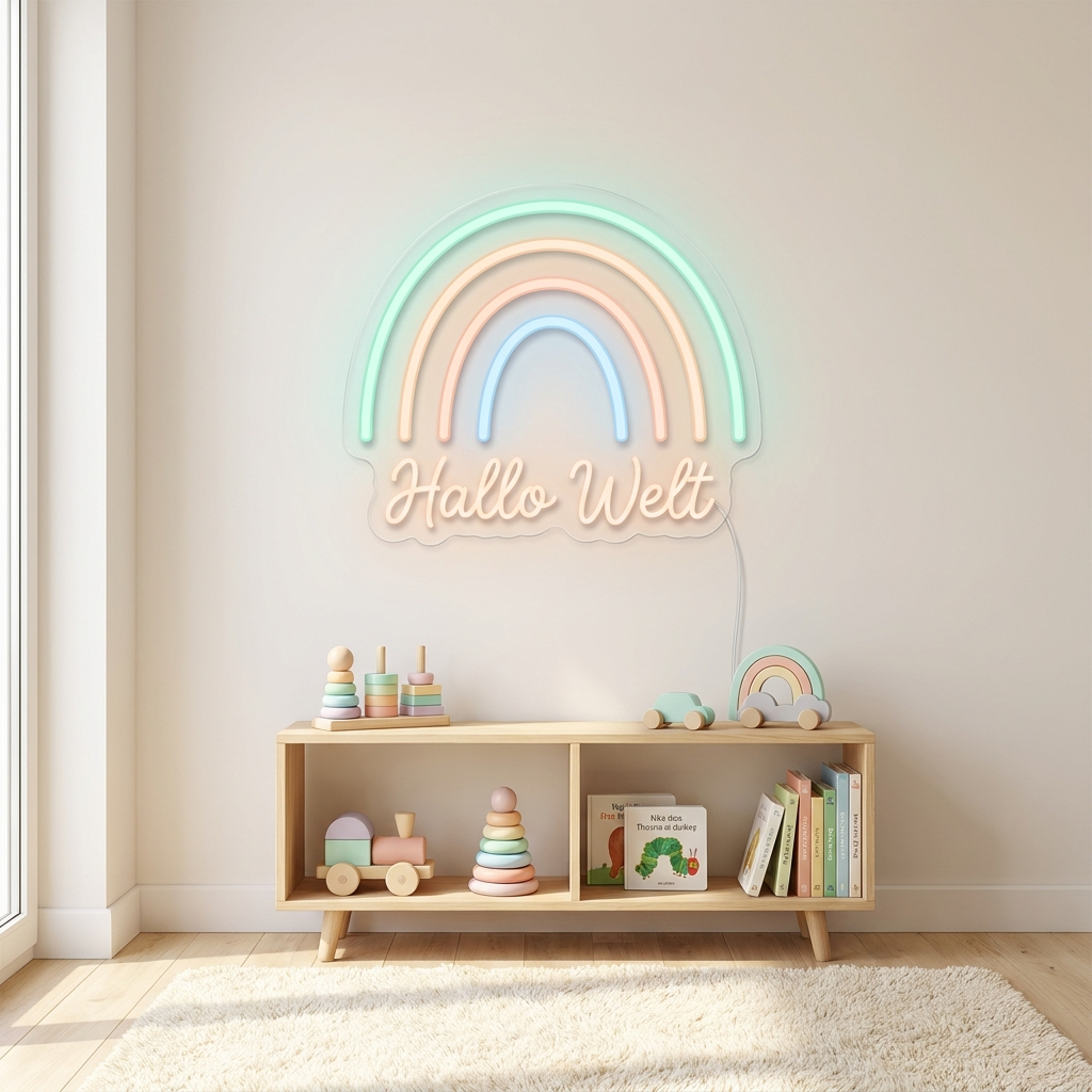 Pastellfarbenes LED-Neonschild in Regenbogen-Form mit „Hallo Welt“ im Babyzimmer – Neon Atelier