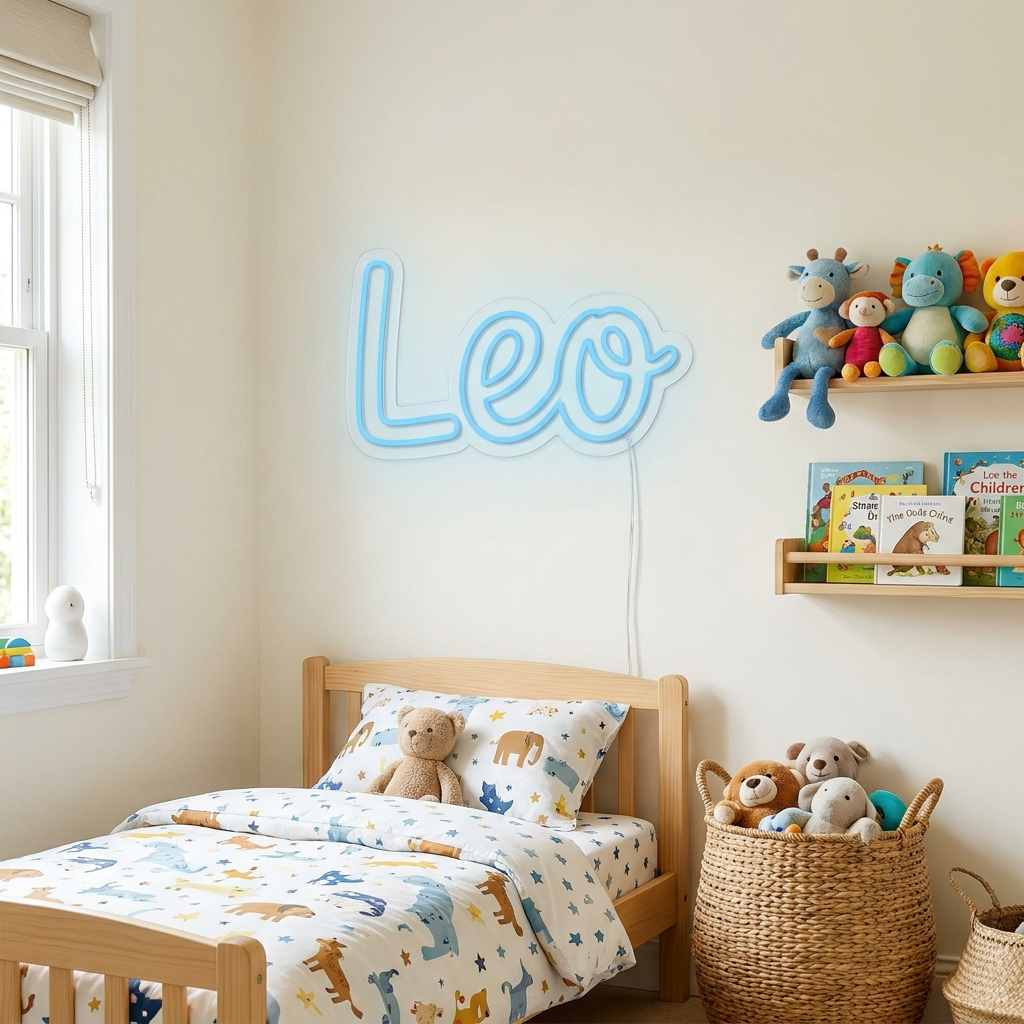 Babyblaues LED-Neon-Namensschild „Leo“ im Kinderzimmer – Neon Atelier