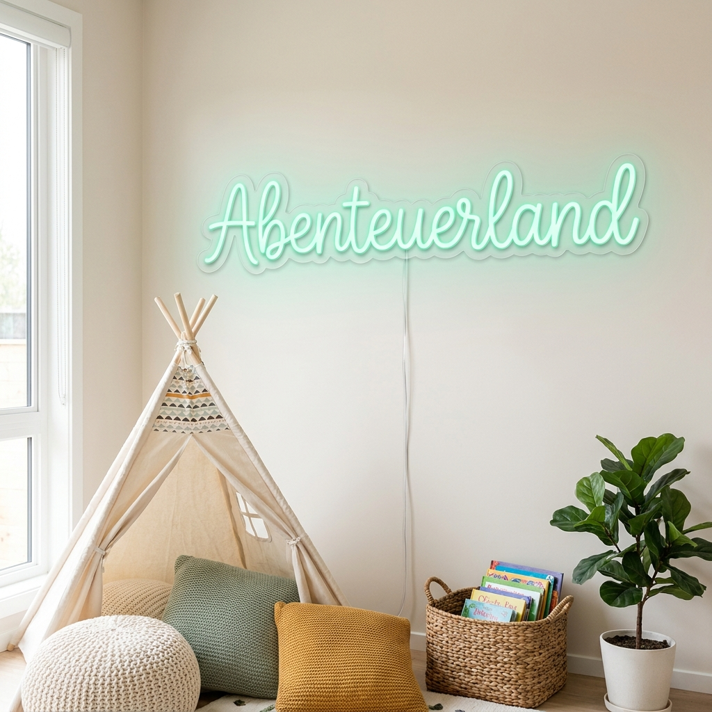 Mintgrünes LED-Neonschild „Abenteuerland“ in einer Spiel- und Leseecke – Neon Atelier