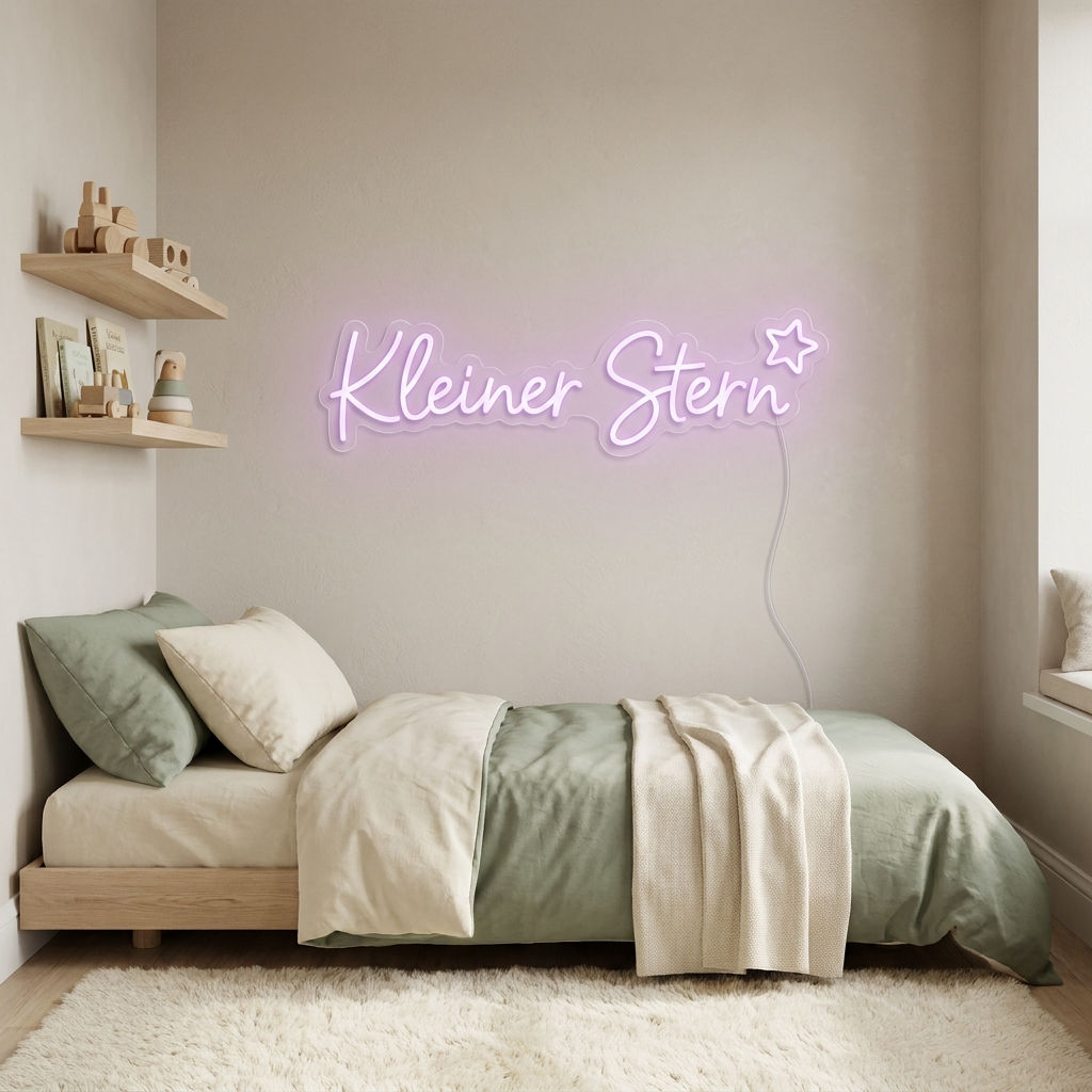Soft-lilafarbenes LED-Neonschild „Kleiner Stern“ mit Stern-Symbol in einem neutralen Kinderzimmer – Neon Atelier