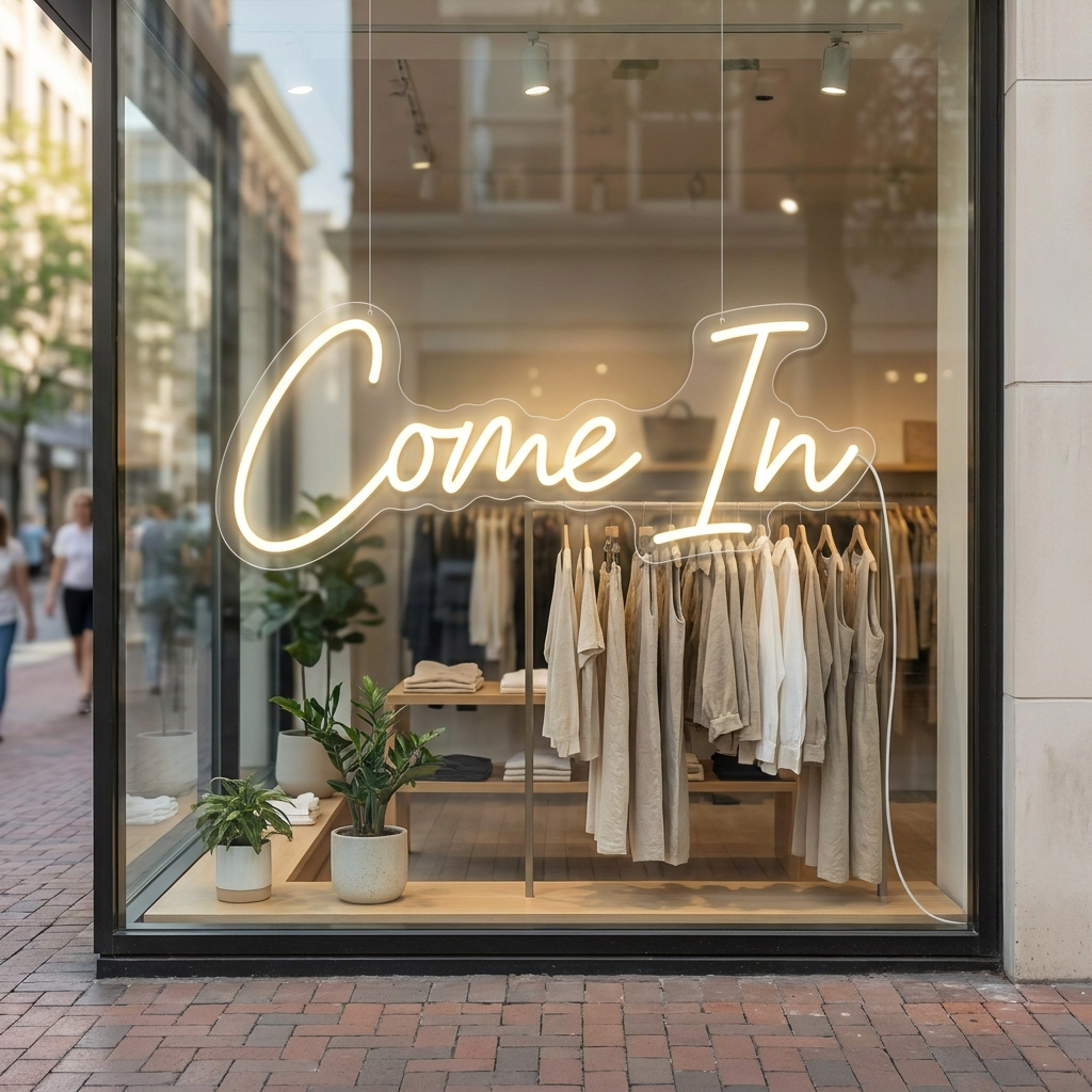 Warmweißes LED-Neonschild „Come In“ im Schaufenster einer Boutique – Neon Atelier
