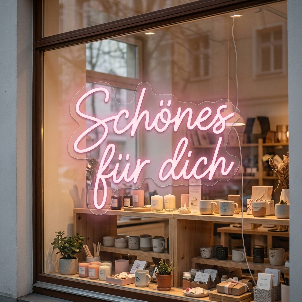 Pinkfarbenes LED-Neonschild „Schönes für dich“ im Schaufenster eines Geschenkeladens – Neon Atelier