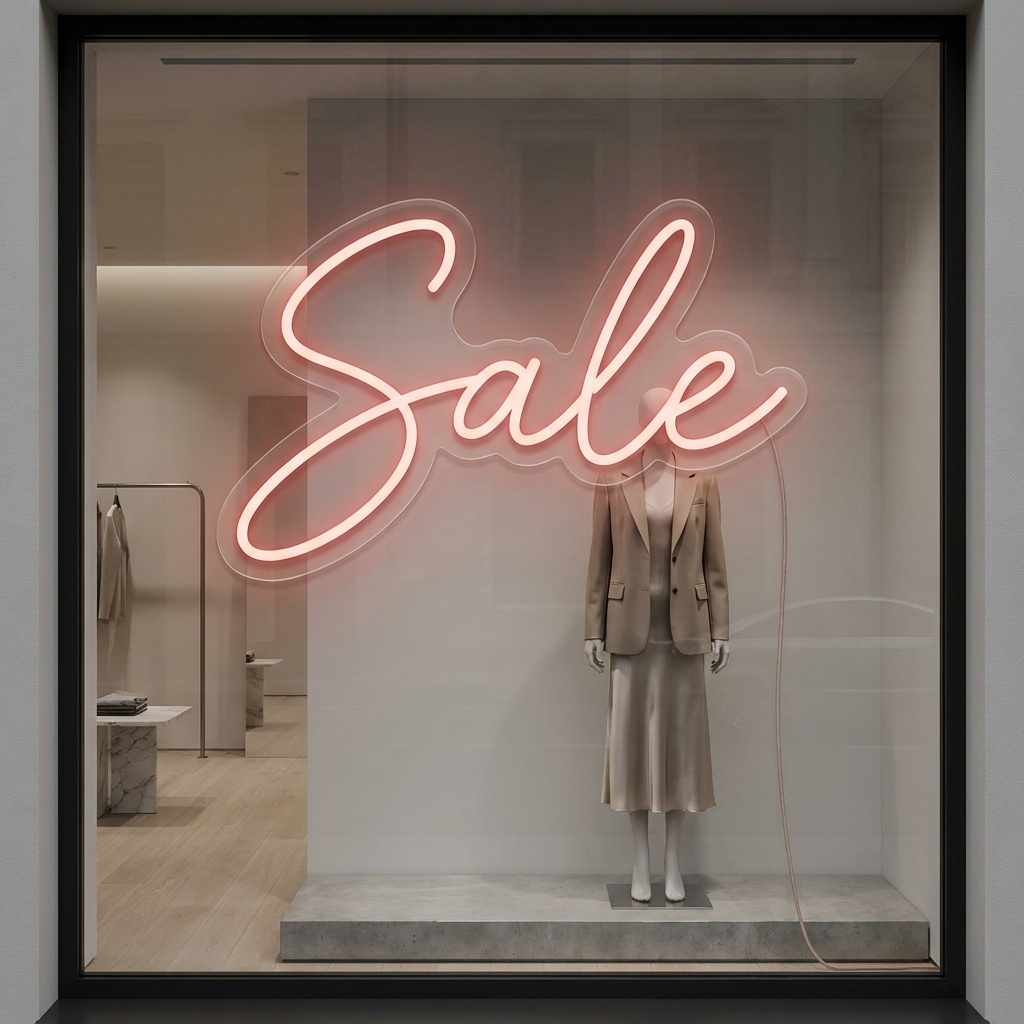 Rosé-rotes LED-Neonschild „Sale“ in einem hochwertigen Boutique-Schaufenster – Neon Atelier
