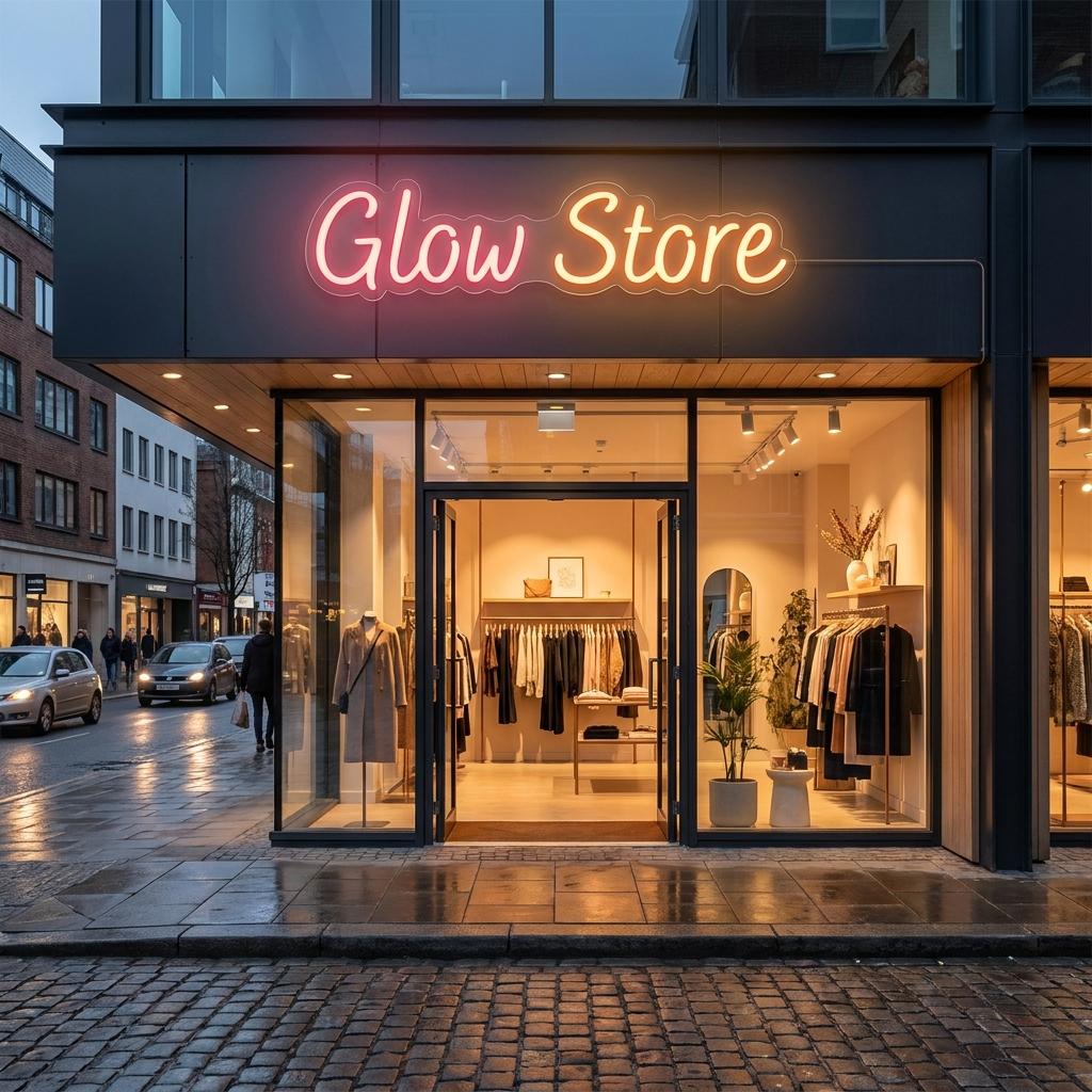 LED-Neon-Markenschild „Glow Store“ über dem Eingang eines Ladens, von der Straße sichtbar – Neon Atelier