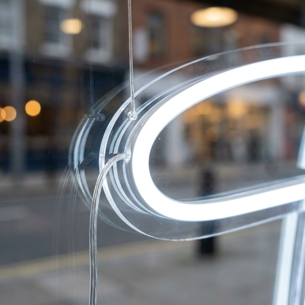 Detailaufnahme: konturgeschnittene Acrylkante, Aufhängung und Kabel eines Schaufenster-Neonschilds mit Glasreflexion – Neon Atelier
