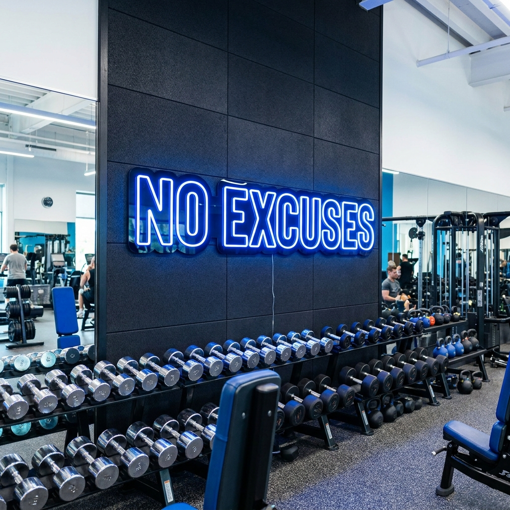 Elektroblaues LED-Neonschild „NO EXCUSES“ über dem Freihantelbereich in einem Fitnessstudio – Neon Atelier