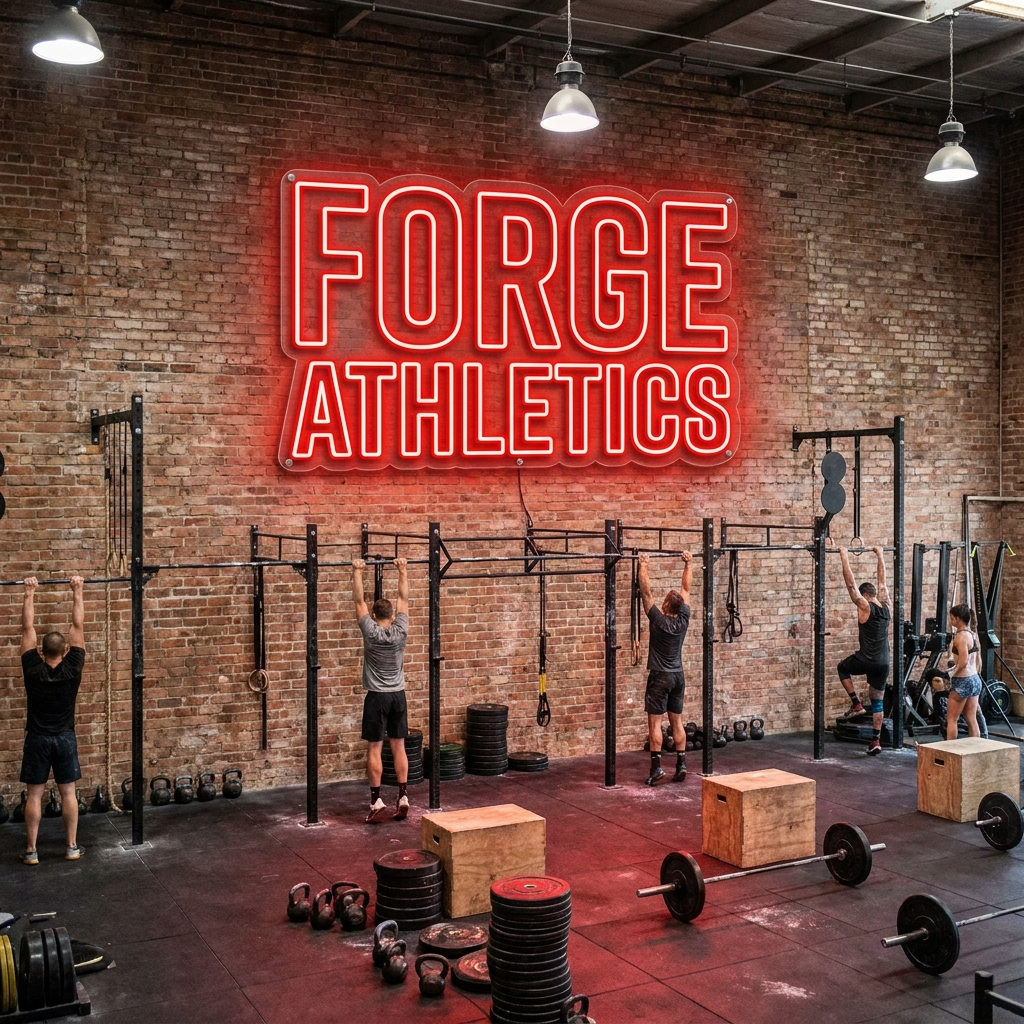 Rotes LED-Neon-Logo „Forge Athletics“ in einer CrossFit-Box – Neon Atelier