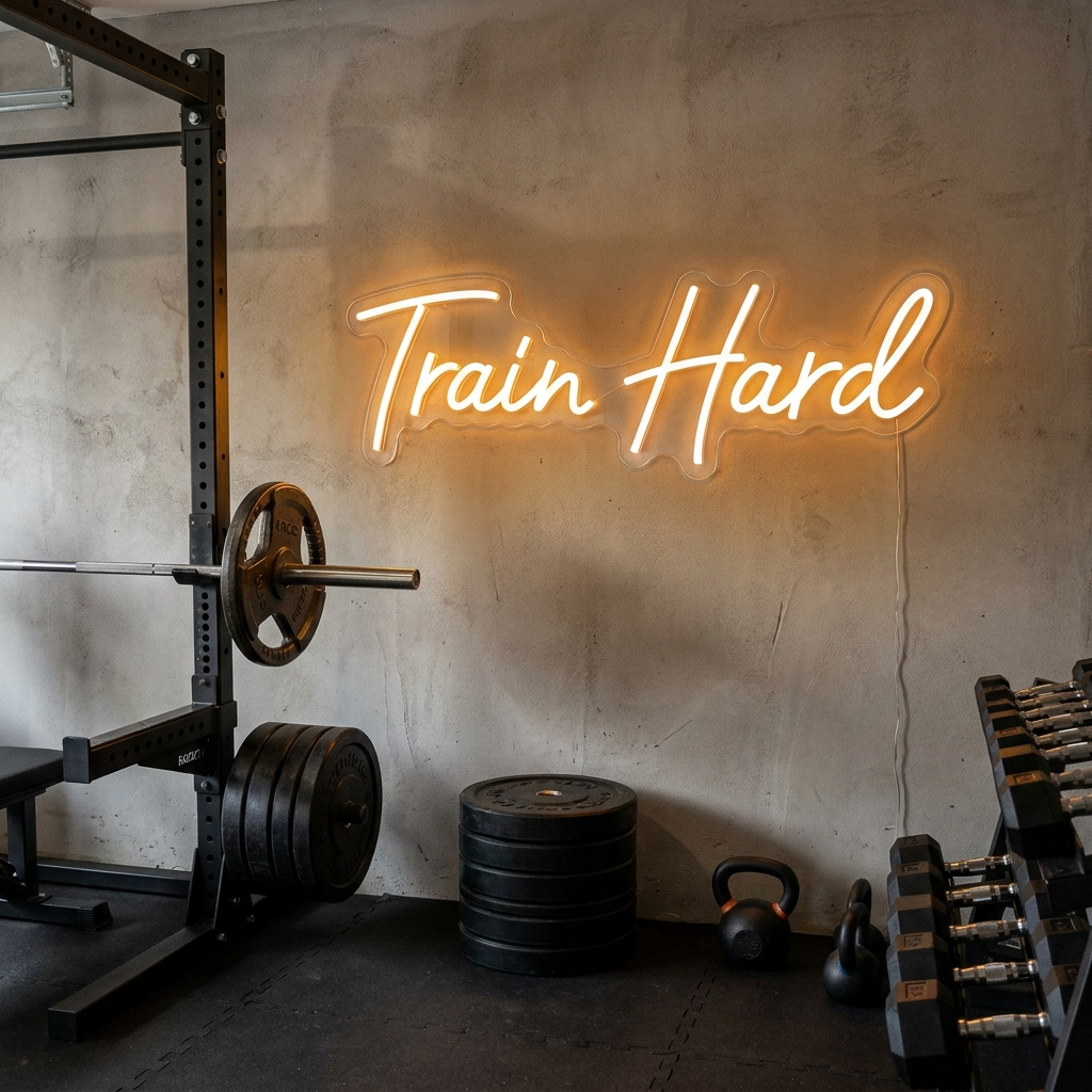 Amber-weißes LED-Neonschild „Train Hard“ in einem Garagen-Homegym – Neon Atelier