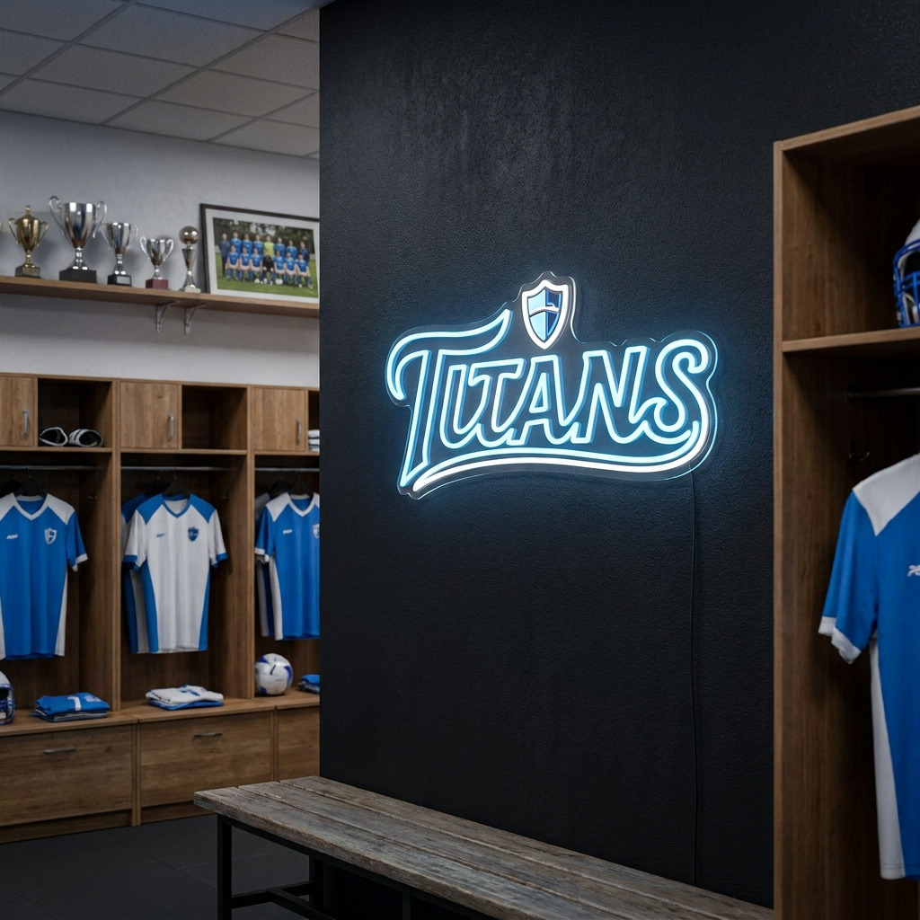 Blau-weißes LED-Neon-Team-Logo „Titans“ mit Wappen in einem Vereinsraum – Neon Atelier