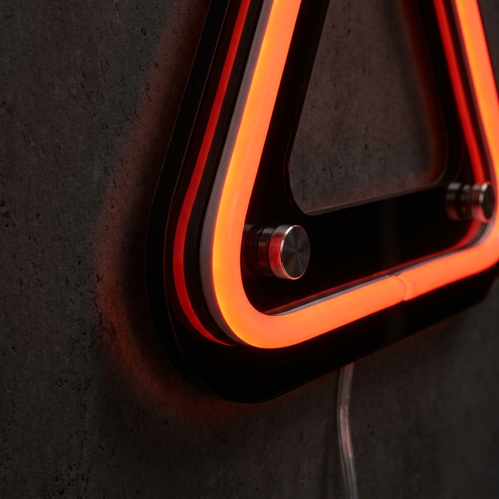 Detailaufnahme: schwarze konturgeschnittene Acrylkante, Standoff und Kabel eines Gym-Neonschilds – Neon Atelier