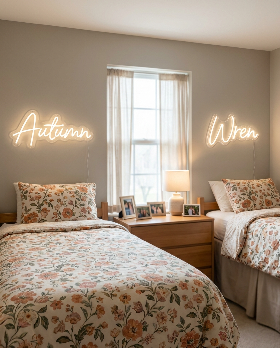 LED-Neonschild „Autumn & Wren“ im geteilten Kinderzimmer – Neon Atelier