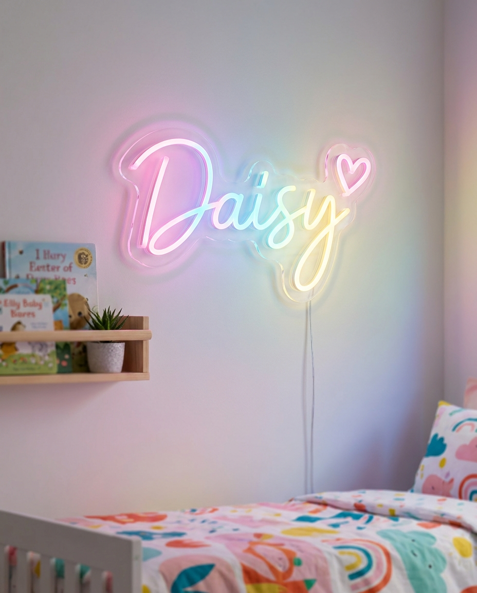 LED-Neonschild „Daisy“ mit Regenbogen im Kinderzimmer – Neon Atelier