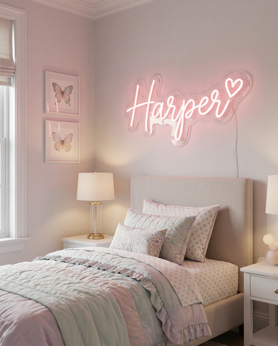 LED-Neonschild „Harper“ an der Schmetterlingswand im Kinderzimmer – Neon Atelier