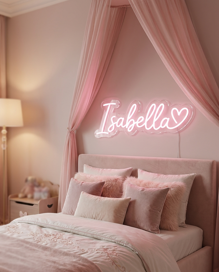 LED-Neonschild „Isabella“ über dem Himmelbett im Kinderzimmer – Neon Atelier