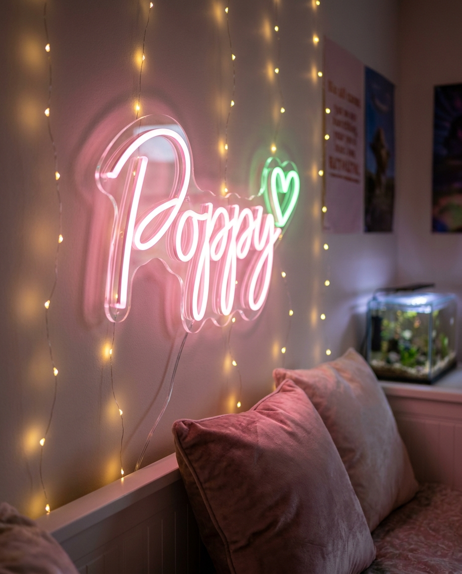 LED-Neonschild „Poppy“ mit Lichterkette im Kinderzimmer – Neon Atelier