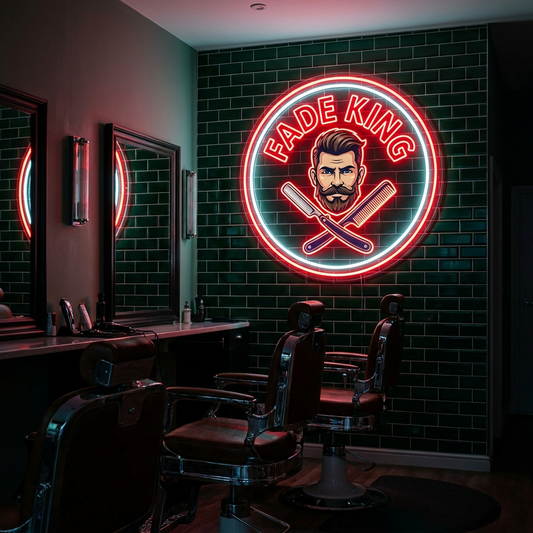 Business-Logo-Neonschild Barbershop – Fade King – Neon Atelier