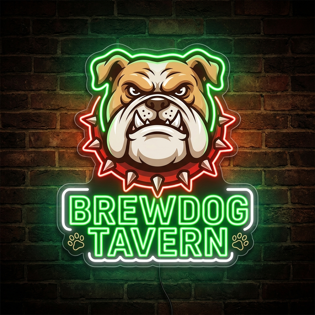 UV-bedrucktes LED-Neon-Logo „Brewdog Tavern“ mit Bulldoggen-Motiv in der Bar – Neon Atelier
