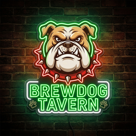 UV-bedrucktes LED-Neon-Logo „Brewdog Tavern“ mit Bulldoggen-Motiv in der Bar – Neon Atelier