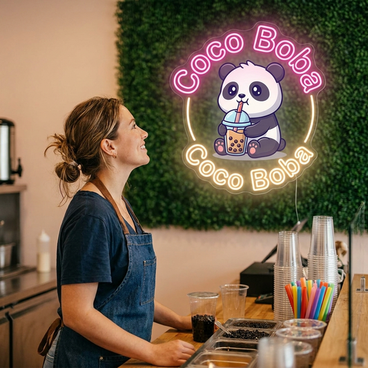 UV-bedrucktes LED-Neon-Logo „Coco Boba“ im Bubble-Tea-Laden – Neon Atelier