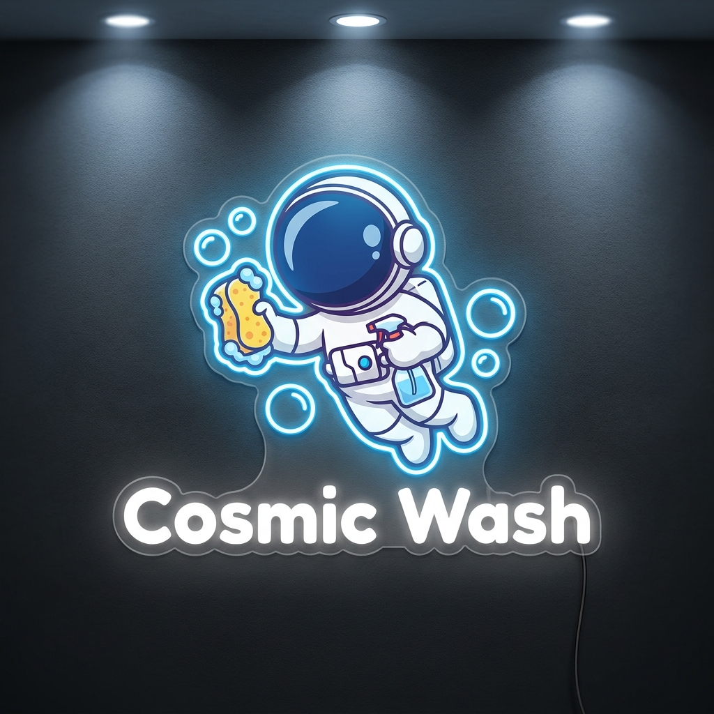 UV-bedrucktes LED-Neon-Logo „Cosmic Wash“ mit Astronauten-Motiv in der Autowaschanlage – Neon Atelier