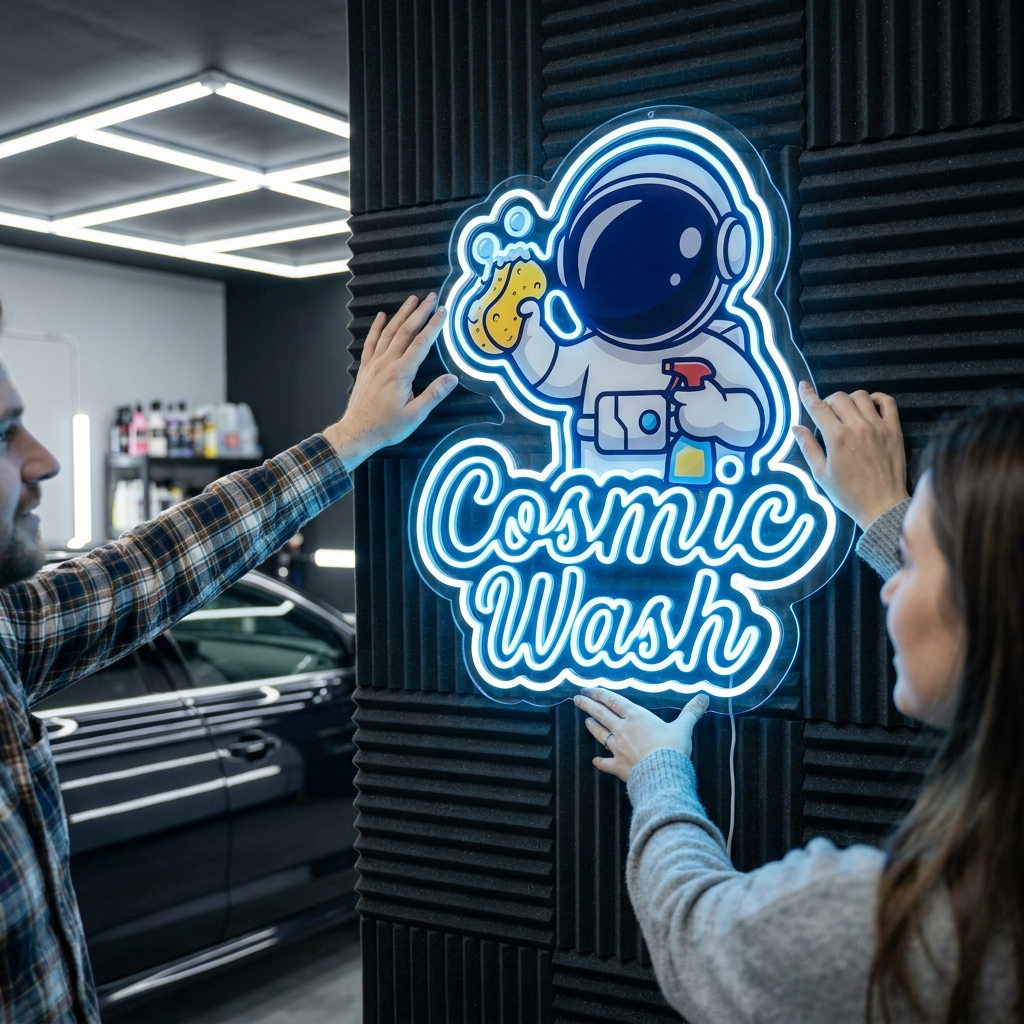 UV-bedrucktes LED-Neon-Logo „Cosmic Wash“ an der Wand der Autowaschanlage – Neon Atelier