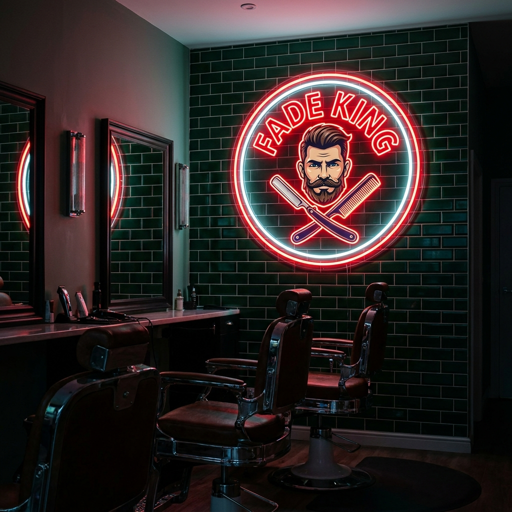 UV-bedrucktes LED-Neon-Logo „Fade King“ im Barbershop – Neon Atelier