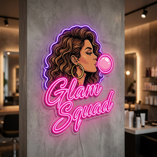 UV-bedrucktes LED-Neon-Logo „Glam Squad“ zweizeilig im Beautysalon – Neon Atelier