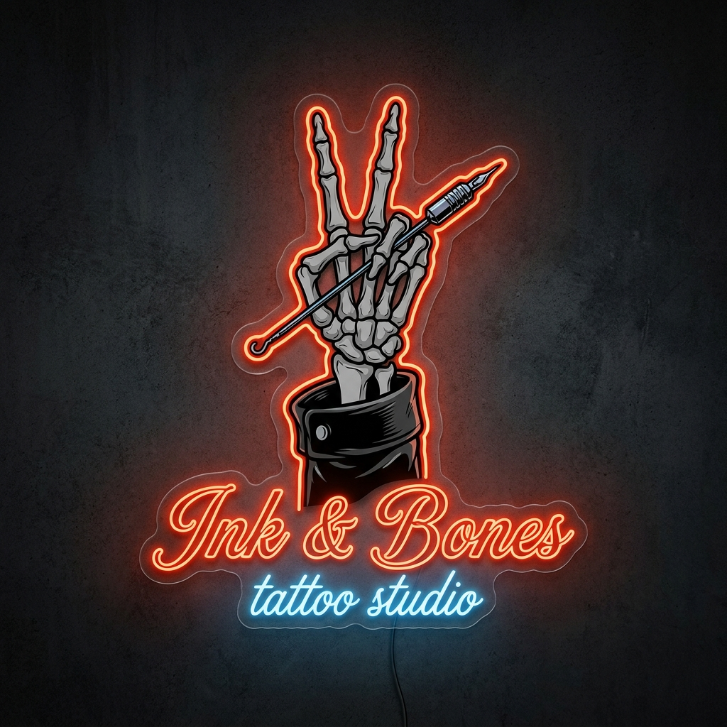 UV-bedrucktes LED-Neon-Logo „Ink & Bones“ im Tattoostudio – Neon Atelier