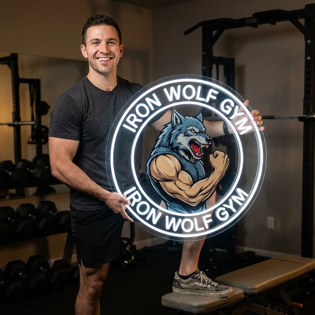 UV-bedrucktes LED-Neon-Logo „Iron Wolf“ an der Wand im Fitnessstudio – Neon Atelier