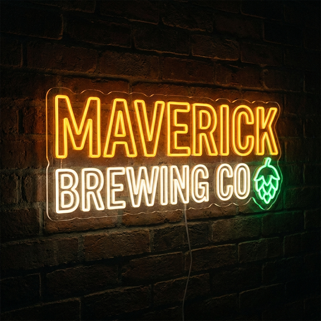 UV-bedrucktes LED-Neon-Logo „Maverick Brewing Co.“ in der Craft-Beer-Brauerei – Neon Atelier