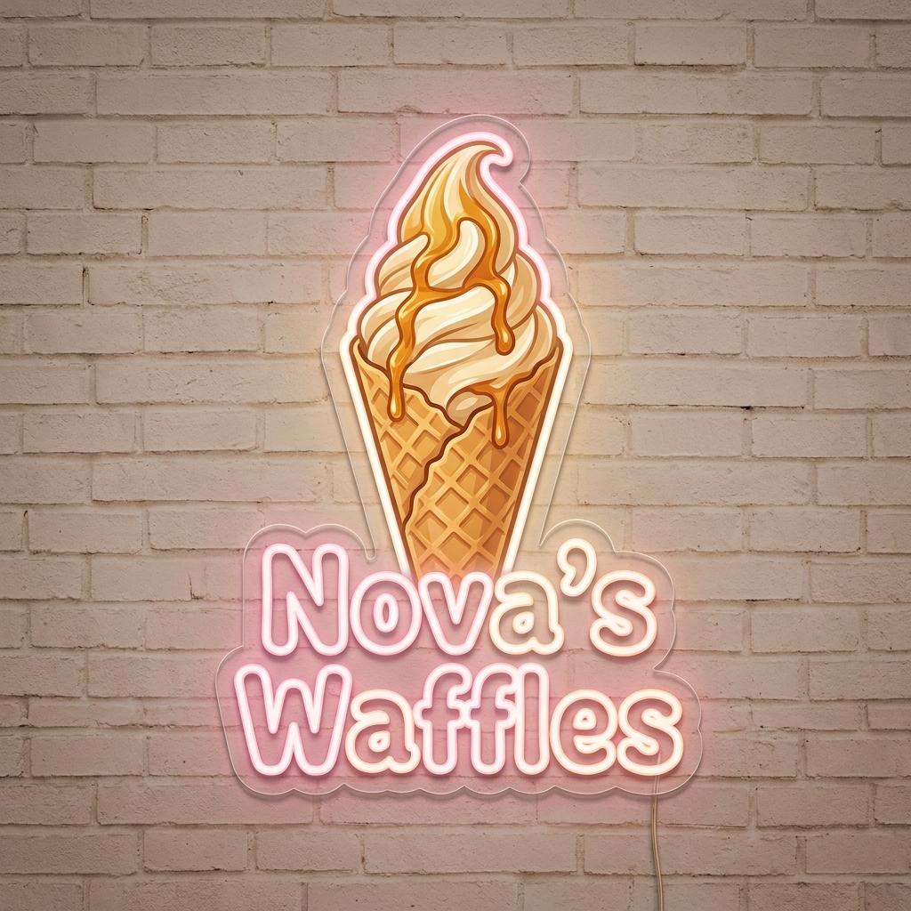 UV-bedrucktes LED-Neon-Logo „Nova’s Waffles“ im Waffel-Café – Neon Atelier
