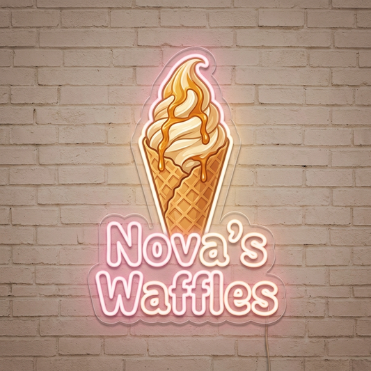 UV-bedrucktes LED-Neon-Logo „Nova’s Waffles“ im Waffel-Café – Neon Atelier
