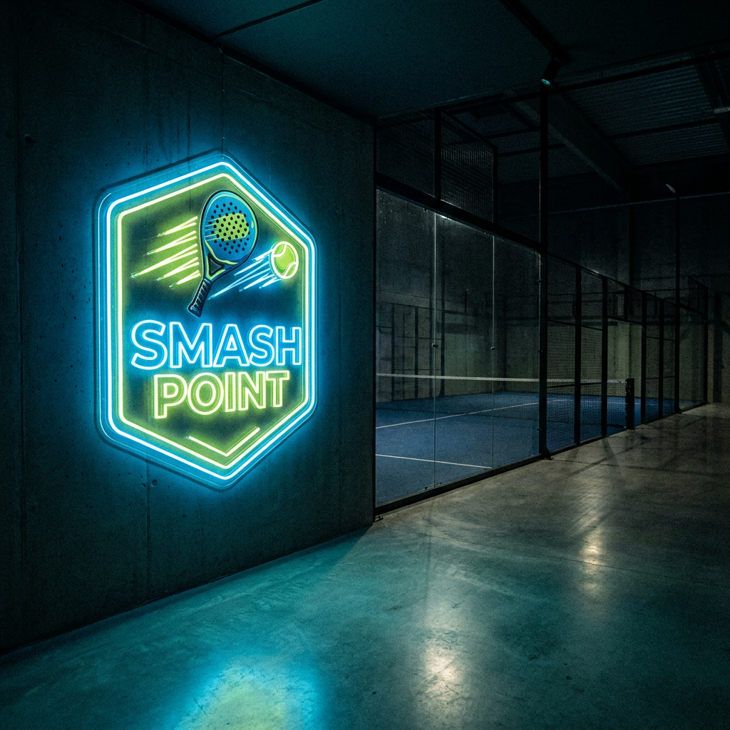 UV-bedrucktes LED-Neon-Logo „Smash Point“ im Padel-Club – Neon Atelier