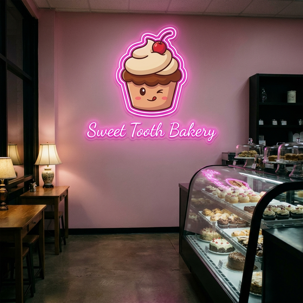 UV-bedrucktes LED-Neon-Logo „Sweet Tooth Bakery“ in der Bäckerei – Neon Atelier