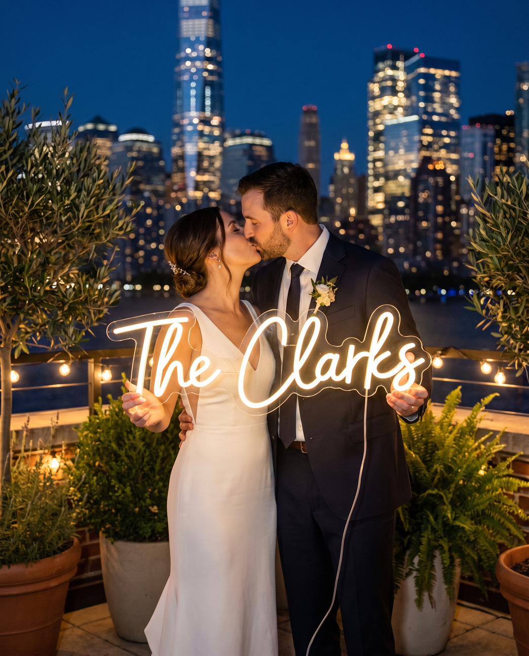 LED-Neonschild „The Clarks“ auf einer Dachterrasse, küssendes Brautpaar – Neon Atelier