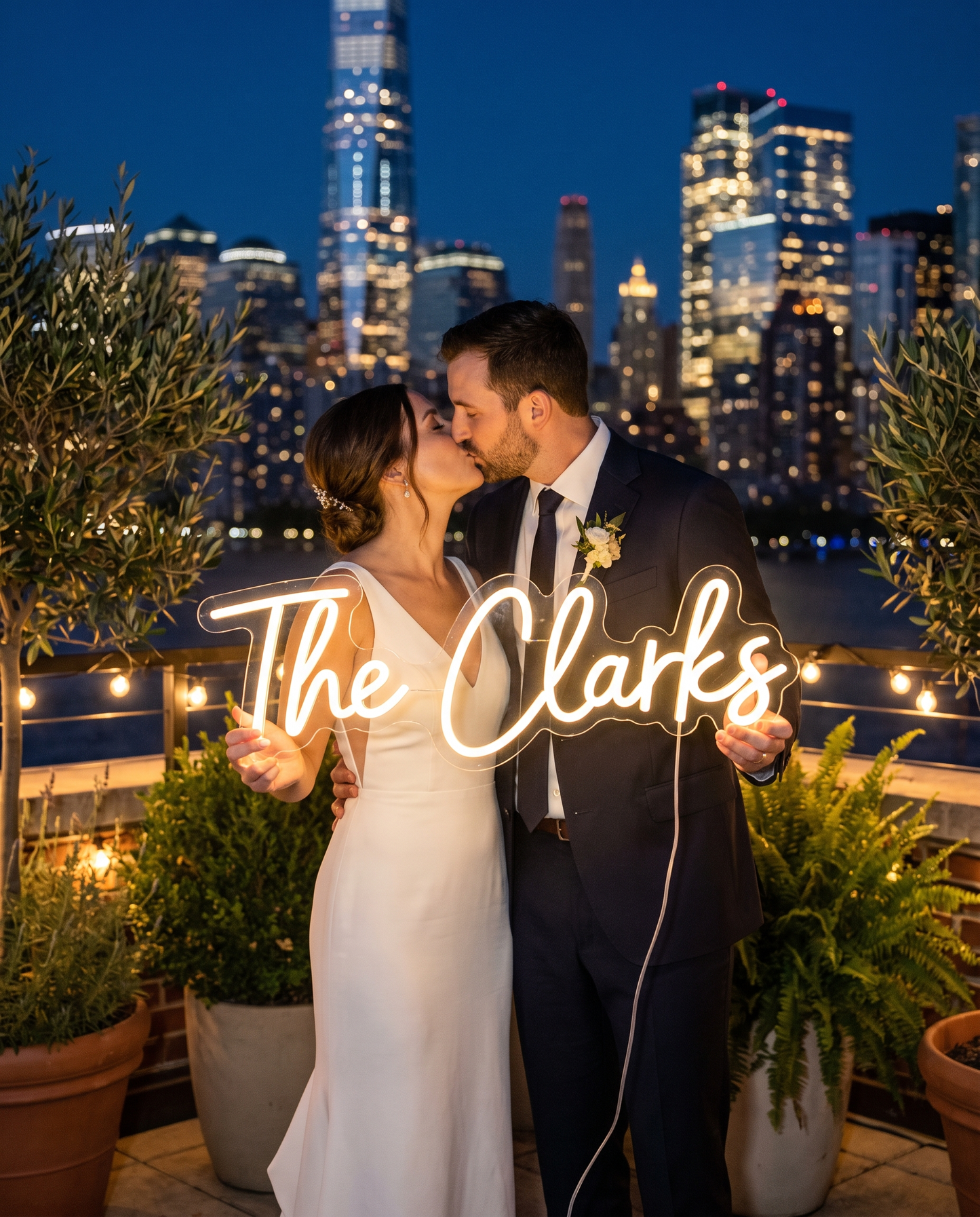 LED-Neonschild „The Clarks“ auf einer Dachterrasse, küssendes Brautpaar – Neon Atelier