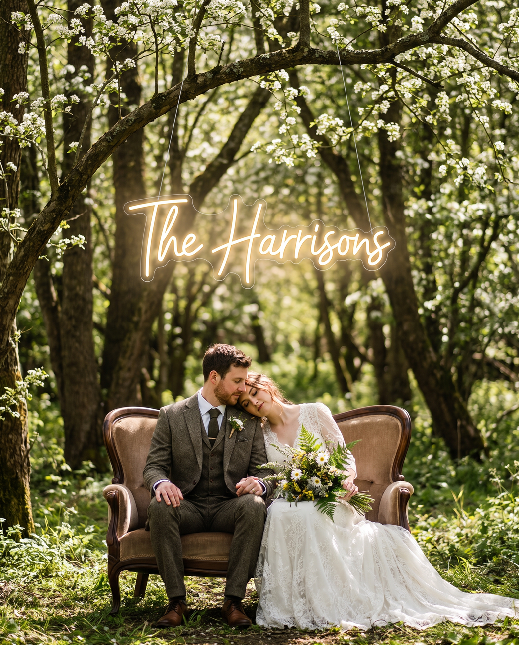 LED-Neonschild „The Harrisons“ über einer Sitzbank im Wald bei der Hochzeit – Neon Atelier