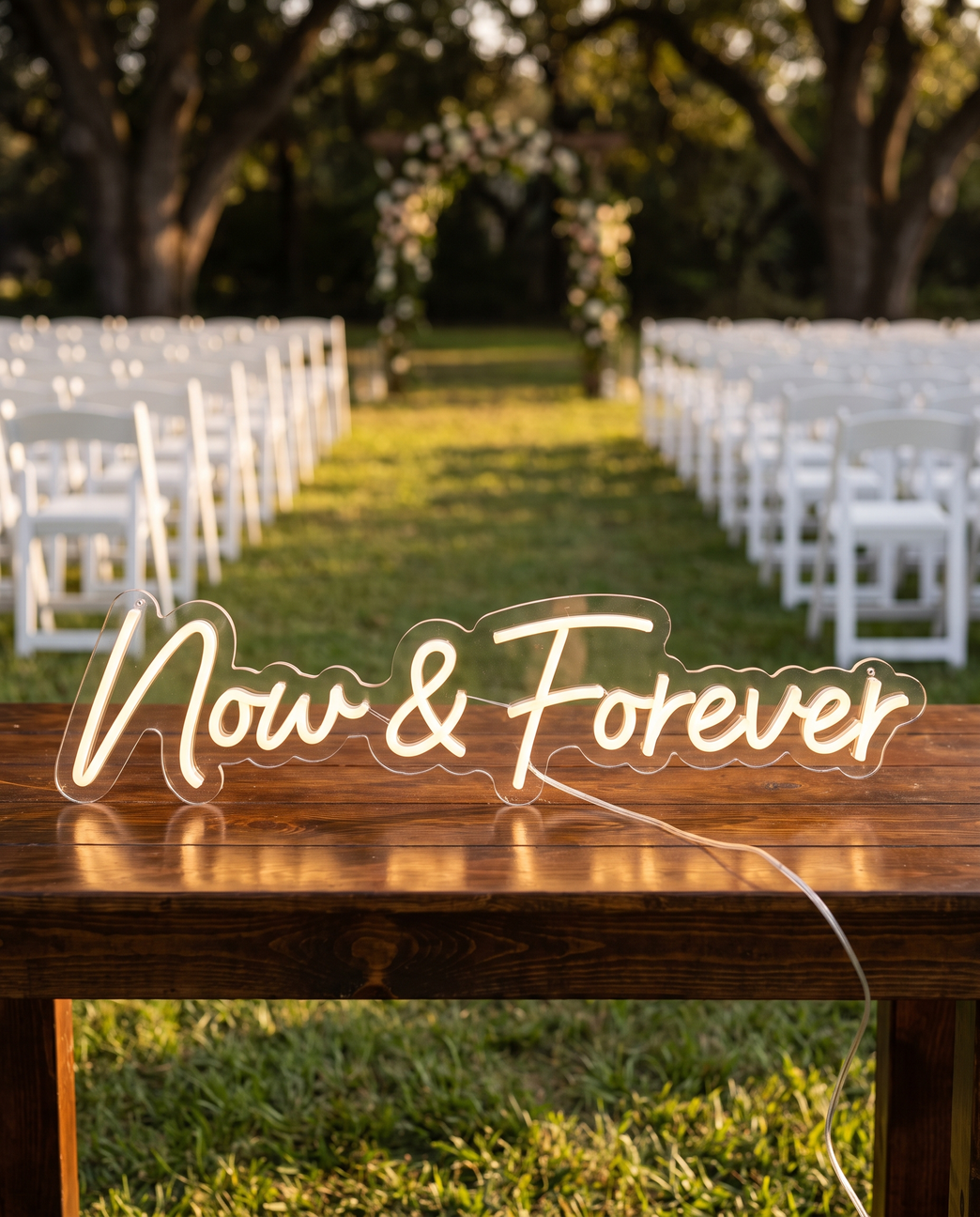 LED-Neonschild „Now and Forever“ am Mittelgang der Trauung – Neon Atelier